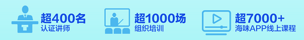 <p>超400名</p> <p>认证讲师</p> <p>超1000场<br/>组织培训</p> <p>超7000+<br/>海味APP线上课程</p>