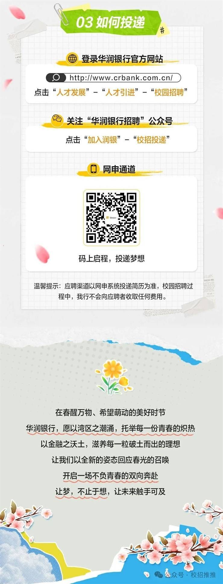 <p>03如何投递</p> <p>#</p> <p>码上启程,投递梦想</p> <p>温馨提示应聘渠道以网申系统投递简历为准,校园招聘过</p> <p>程中,我行不会向应聘者收取任何费用。</p> <p>在春醒万物、希望萌动的美好时节</p> <p>华润银行,愿以湾区之潮涌,托举每份青春的炽热</p> <p>以金融之沃土,滋养每一粒破士而出的理想</p> <p>让我们以全新的姿态回应春光的召唤</p> <p>开启场不负青春的双向奔赴</p> <p>让梦,不止于想,让未来触手可及</p>  <table> <tr><td></td> <td></td> <td></td> <td></td> <td colspan="2"></td> <td></td> </tr> <tr><td></td> <td></td> <td colspan="4"></td> <td></td> </tr> <tr><td></td> <td></td> <td colspan="5">登录华润银行官方网站</td> </tr> <tr><td colspan="7">( 0) http://www. crbank.com.cnl )点击“人才发展”-“人才引进”-“校园招聘”</td> </tr> <tr><td colspan="7"></td> </tr> <tr><td colspan="7">关注“华润银行招聘” 公众号点击“加入润银”一“校招投递”</td> </tr> <tr><td></td> <td colspan="4"></td> <td></td> <td></td> </tr> <tr><td rowspan="2"></td> <td></td> <td colspan="3"></td> <td></td> <td></td> </tr> <tr><td></td> <td colspan="4">网申通道</td> <td></td> </tr> </table>