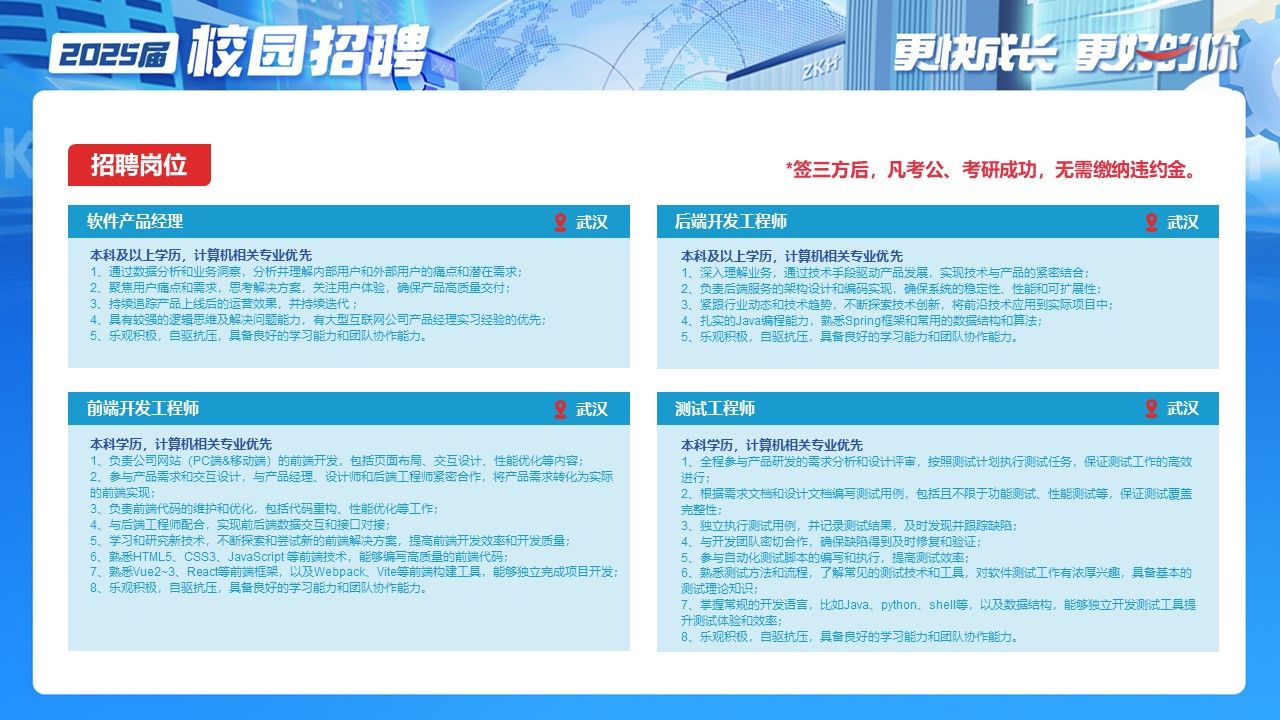 <p>2025届校园招聘重行I更快方成会更听</p> <p>招聘岗位*签三方后,凡考公、考研成功,无需缴纳违约金。</p> <p>本科学历,计算机相关专业优先本科学历,计算机相关专业优先</p> <p>1、负责公司网站(PC端&移动端)的前端开发,包括页面布局、交互设计、性能优化等内容:1.全程参与产品研发的需求分析和设计评审,按照测试计划执行测试任务,保证测试工作的高效</p> <p>2、参与产品需求和交互设计,与产品经理、设计师和后端工程师紧密合作,将产品需求转化为实际进行:</p> <p>的前端实现:2.根据需求文档和设计文档编写测试用例,包括且不限于功能测试。性能测试等,保证测试要盖</p> <p>3.负责前端代码的维护和优化, 包括代码重构、性能优化等工作:完整性:</p> <p>4、与后端工程师配合,实现前后端数据交互和接☐对接:3、北3.独立执行测试用例,并记录测试结果,及时发现并跟踪缺陷:</p> <p>5、 学习和研究新技术,不断探索和尝试新的前端解决方案,提高前端开发效率和开发质量:4、与开发团队密切合作,确保缺陷得到及时修复和验证:</p> <p>6、 熟悉HTML5. CSS3. JavaScript等前端技术,能够编写高质量的前端代码:5、参与自动化测试脚本的编写和执行,提高测试效率:</p> <p>7、熟悉Vue2~3、 Reac等前端框架,以及Webpack Vite等前端构建工具,能够独立完成项目开发6、 熟悉测试方法和流程, 了解常见的测试技术和工具,对软件测试工作有浓厚兴趣,具备基本的</p> <p>8、 乐观积极,自驱抗压,具备良好的学习能力和团队协作能力。测试理论知识:</p> <p>7、 学握常规的开发语言,比如Java. python. shell等, 以及数据结构,能够独立开发测试工具提</p> <p>升测试体验和效率:</p> <p>8、 乐观积极,自驱抗压,具备良好的学习能力和团队协作能力。</p> <table> <tr><td>软件产品经理 2武汉</td> <td>后端开发工程师 武汉</td> </tr> <tr><td>本科及以上学历,计算机相关专业优先1.通过数据分析和业务洞察, 分析并理解内部用户和外部用户的痛点和潜在需求:2、聚焦用户痛点和需求,思考解决方案,关注用户体验, 确保产品高质量交付:品上线后的运营3、 持续通标产品上线后的运营效果, 牛持 迭代:开4、具有较强的逻辑思维及解决问题能力,有大型互联网公司产品经理实习经验的优先:5、乐观积极,自驱抗压,具备良好的学习能力和团队协作能力。</td> <td>本科及以上学历,计算机相关专业优先1.深入理解业务,通过技术手段驱动产品发展,实现技术与产品的紧密结合:2.负责后端服务的架构设计和编码实现, 确保系统的稳定性、性能和可扩展性:3.紧跟行业动态和技术趋势,不断探索技术创新,将前沿技术应用到实际项目中:4、扎实的Java编程能力,熟悉Spring框架和常用的数据结构和算法:5、乐观积极自驱抗压,具备良好的学习能力和团队协作能力。</td> </tr> <tr><td>前端开发工程师 2武汉</td> <td>测试工程师 2武汉</td> </tr> </table>