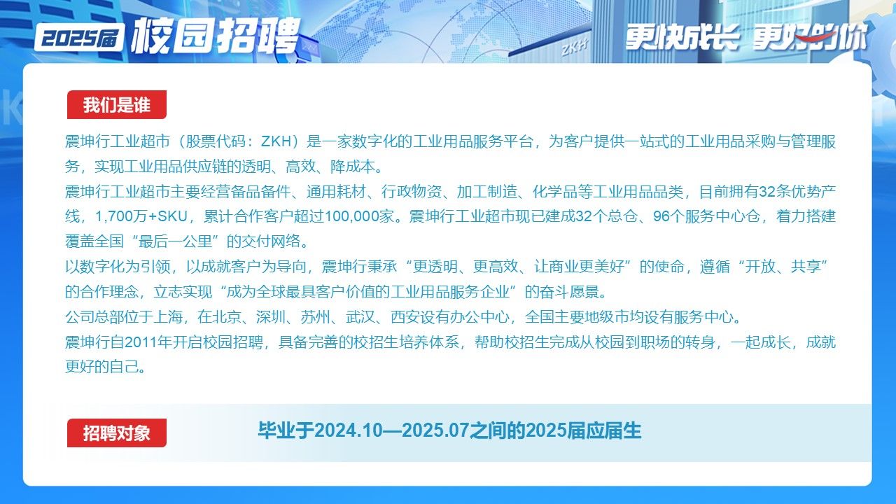 <p>2025届校园招聘重更快方成会更</p> <p>我们是谁</p> <p>震坤行工业超市(股票代码: ZKH)是一家数字化的工业用品服务平台,为客户提供一-站式的工业用品采购与管理服</p> <p>务,实现工业用品供应链的透明、高效、降成本。</p> <p>震坤行工业超市主要经营备品备件、通用耗材、行政物资、加工制造、化学品等I业用品品类,目前拥有32条优势产</p> <p>线,1,700万+SKU, 累计合作客户超过100,000家。震坤行I业超市现已建成32个总仓、96个服务中心仓,着力搭建</p> <p>覆盖全国“最后一公里”的交付网络。</p> <p>以数字化为引领,以成就客户为导向,震坤行秉承“更透明、更高效、让商业更美好”的使命,遵循“开放、共享”</p> <p>的合作理念,立志实现”成为全球最具客户价值的工业用品服务企业”的奋斗愿景。</p> <p>公司总部位于上海,在北京、深圳、苏州、武汉、西安设有办公中心,全国主要地级市均设有服务中心。</p> <p>震坤行自2011年开启校园招聘,具备完善的校招生培养体系,帮助校招生完成从校园到职场的转身,一起成长,成就</p> <p>更好的自己。</p> <p>招聘对象毕业于2024.10- -2025.07之间的2025届应届生</p>
