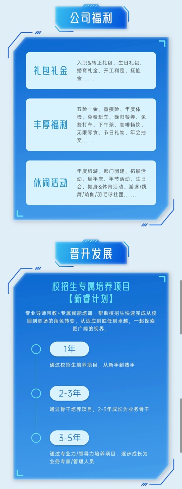 <p>公司福利</p> <p>礼包礼金</p> <p>入职&转正礼包、生日礼包、<br/>婚育礼金、开工利是、抚恤<br/>金.</p> <p>丰厚福利</p> <p>五险一金、重疾险、年度体<br/>检、免费班车、晚归餐券、免<br/>费打车、下午茶、咖啡畅饮、<br/>无限零食、节日礼物、年会抽<br/>奖</p> <p>休闹活动</p> <p>年度旅游、部门团建、拓展活<br/>动、周年庆、年节活动、生日<br/>会、健身&体育活动、游泳/跳<br/>舞/瑜伽/羽毛球社团</p> <p>晋升发展</p> <p>校招生专属培养项目<br/>[新睿计划]</p> <p>专业导师带教+专属赋能培训，帮助校招生快速完成从校<br/>园到职场的角色转变，从适应到胜任到卓越，一起探索</p> <p>更广阔的视界.</p> <p>1年</p> <p>通过校招生培养项目，从新手到熟手</p> <p>2-3年</p> <p>通过骨干培养项目，2-3年成长为业务骨干</p> <p>3-5年</p> <p>通过专业力/领导力培养项目，逐步成长为<br/>业务专家/管理人员</p> <p>4</p>