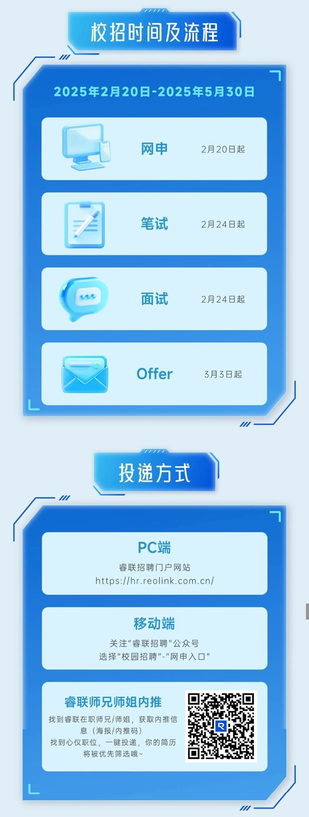 <p>校招时间及流程</p> <p>2025年2月20日-2025年5月30日</p> <p>网申</p> <p>2月20日起</p> <p>笔试</p> <p>2月24日起</p> <p>面试</p> <p>2月24日起</p> <p>Offer</p> <p>3月3日起</p> <p>投递方式</p> <p>PC端</p> <p>睿联招聘门户网站</p> <p>https://hr.reolink.com.cn/</p> <p>移动端</p> <p>关注"睿联招聘"公众号<br/>选择"校园招聘"-"网申入↵"</p> <p>睿联师兄师姐内推<br/>找到睿联在职师兄/师姐，获取内推信</p> <p>息(海报/内推码</p> <p>找到心仪职位，一键投递，你的简历</p> <p>将被优先筛选哦~</p>