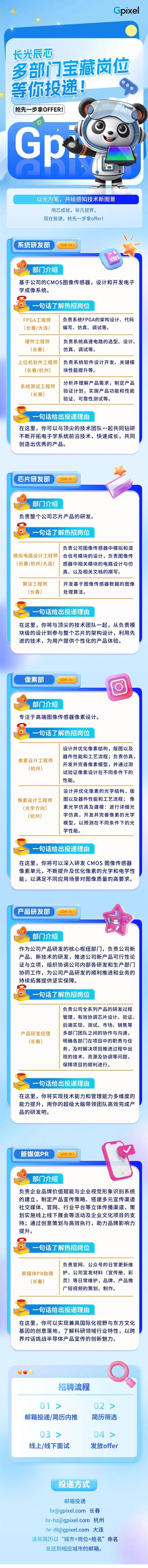 <p>长光辰芯</p> <p>多部门宝藏岗位</p> <p>等你投递!</p> <p>抢先步拿OFFER!</p> <p>Gp:</p> <p>。M</p> <p>以光为笔,共绘感知技术新图景</p> <p>用芯成就,非凡视界,</p> <p>现在投递,抢先一步拿offer!</p> <p>\\I</p> <p>系统研发部JOINUS></p> <p>部门介绍</p> <p>基于公司的CMOS图像传感器,设计和开发电子</p> <p>学成像系统。</p> <p>-句话了解热招岗位</p> <p>FPGA工程师负责系统FPGA的架构设计、代码</p> <p>(长春/大连)编写、仿真、调试等。</p> <p>硬件工程师负责系统高速电路的选型、设计、</p> <p>(长春)仿真、调试等。</p> <p>上位机软件工程师负责系统软件设计开发、关键模</p> <p>(长春/杭州)块性能提升等。</p> <p>系统测试工程师分析并理解产品需求,制定产品</p> <p>(长春)验证计划,实施产品功能和性能</p> <p>验证、可靠性测试等。</p> <p>i -句话给出投递理由</p> <p>在这里,你可以与顶尖的技术团队一起共同钻研</p> <p>不断开拓电子学系统前沿技术,快速成长,共同</p> <p>创造出优秀的产品。</p> <p>投递方式</p> <p>邮箱投递</p> <p>hr@gpixel.com 长春</p> <p>hr-hz@gpixel.com 杭州</p> <p>hr-dl@gpixel.com 大连</p> <p>历以“城市+岗位+姓名”命名</p> <p>发送到相应城市的邮箱。</p>  <table> <tr><td>八.厂芯片研发部 JOINUS> 部门介绍负责整个公司芯片产品的研发。:-句话了解热招岗位负责公司图像传感器中模拟和混模拟电路设计工程师 合信号模块的设计,负责图像传(长春/杭州/大连) 感器中相关模块的电路设计与仿真、以及相关文档的撰写。算法工程师 开发基于图像传感器数据的图像(长春) 处理算法。Oi -句话给出投递理由在这里,你将与顶尖的技术团队- -起,从负责模块级的设计到参与整个芯片的架构设计,利用先进的技术,为用户提供个性化的产品体验。</td> </tr> <tr><td>像素部 JOINUS> 部门介绍专注于高端图像传感器像素设计。:-句话了解热招岗位设计并优化像素结构,版图以及器件性能和工艺流程;负责仿真,像素设计工程师开发并完善像素模型,并通过测(杭州)试验证像素设计在不同条件下的性能。设计并优化像素的光学结构,版像素设计工程师 图以及器件性能和工艺流程;像(光学方向) 素光学仿真及建模:进行详细光(杭州) 学仿真,开发并完善像素的光学模型,以预测在不同条件下的光学性能。OP 一句话给出投递理由在这里,你将可以深入研发CMOS图像传感器像素单元,不断提升及优化像素的光学和电学性能,以满足不同应用场景对图像质量的高要求。</td> </tr> <tr><td>\'产品研发部 JOINUS> )_一 。部门介绍作为公司产品研发的核心枢纽部门,负责公司新产品、新技术的研发,推进公司新产品可行性论证与立项,组织协调公司内部各研发和生产部门协同工作,为公司产品研发的顺利推进和业务的持续拓展提供坚实保障。8 一句话了解热招岗位负责公司全系列产品的研发过程管理,有效协调芯片设计、验证、后端实现、测试、市场、销售等产品研发经理 多部门团队之间的协作与沟通,(长春) 明确各部门]在项目中的职责与任务,及时解决项目推进过程中出现的技术、资源及协调等问题,保障项目的顺利进行。O一句话给出投递理由在这里,你将实现技术能力和管理能力多维度的能力提升,用你的超级大脑带领团队高效完成产品的研发吧。</td> </tr> <tr><td>新媒体PR JOINUS> 部门介绍负责企业品牌价值赋能与企业视觉形象识别系统的建立,制定产品宣传策略、搭建多元宣传渠道社交媒体、官网、行业平台等立体传播渠道,策划实施线上线下展会等活动及企业文化项目的支持;通过创意策划与高效执行,助力品牌影响力提升。8 一句话了解热招岗位负责官网、公众号的日常更新维新媒体PR助理 护,公司宣发材料(宣传册、彩(长春) 页)等日常维护,品牌、产品推广短视频的策划、制作。O-句话给出投递理由在这里,你可以实现兼具国际化视野与东方文化基因的创意落地,了解科研领域行业特性,以跨界对话挑战半导体产品宣传的创新魅力。</td> </tr> <tr><td>招聘流程01>> 02 >邮箱投递/简历内推 简历筛选03 > 04 >线上/线下面试 发放offer</td> </tr> </table>