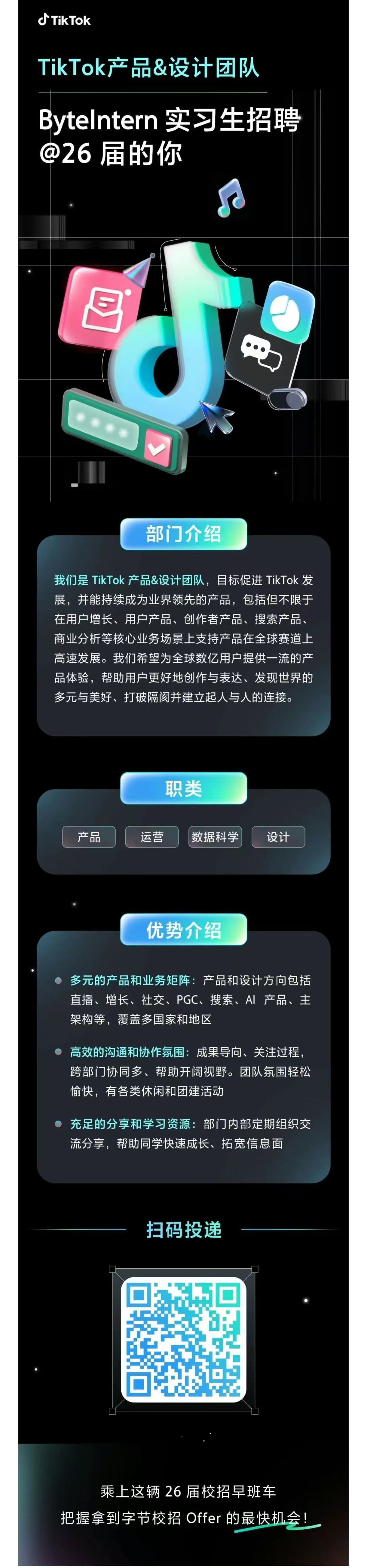 <p>JTikTok</p> <p>TikTok产品&设计团队</p> <p>Bytelntern 实习生招聘<br/>@26届的你</p> <p>部门介绍</p> <p>我们是TikTok 产品&设计团队，目标促进TikTok发<br/>展，并能持续成为业界领先的产品，包括但不限于<br/>在用户增长、用户产品、创作者产品、搜索产品、<br/>商业分析等核心业务场景上支持产品在全球赛道上<br/>高速发展。我们希望为全球数亿用户提供一流的产<br/>品体验，帮助用户更好地创作与表达、发现世界的<br/>多元与美好、打破隔阂并建立起人与人的连接。</p> <p>产品</p> <p>职类</p> <p>运营</p> <p>数据科学</p> <p>设计</p> <p>优势介绍</p> <p>多元的产品和业务矩阵:产品和设计方向包括<br/>直播、增长、社交、PGC、搜索、AI产品、主<br/>架构等，覆盖多国家和地区</p> <p>高效的沟通和协作氛围:成果导向、关注过程，<br/>跨部门协同多、帮助开阔视野。团队氛围轻松<br/>愉快，有各类休闲和团建活动</p> <p>充足的分享和学习资源:部门内部定期组织交<br/>流分享，帮助同学快速成长、拓宽信息面</p> <p>扫码投递</p> <p>乘上这辆26届校招早班车</p> <p>把握拿到字节校招Offer的最快机会!</p>