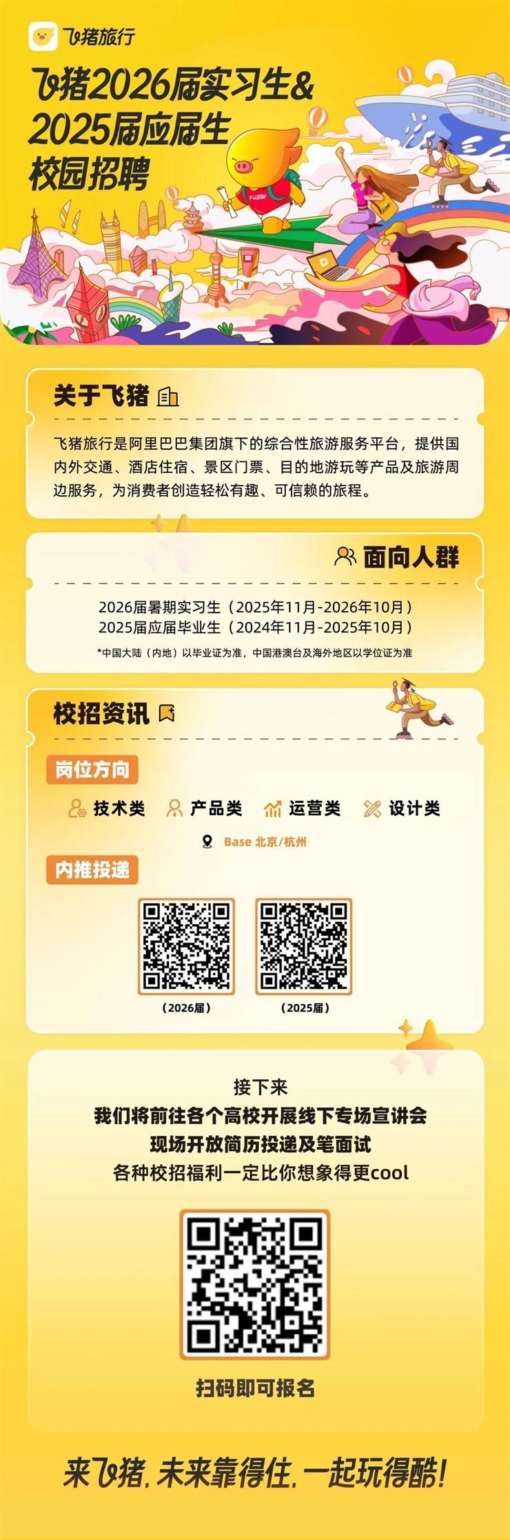 <p>. 79猪旅行</p> <p>7a猪2026届实习生&</p> <p>2025届应届生</p> <p>校园招聘</p> <p>FU</p> <p>关于飞猪且</p> <p>飞猪旅行是阿里巴巴集团旗下的综合性旅游服务平台,提供国</p> <p>内外交通、酒店住宿、景区门票、目的地游玩等产品及旅游周</p> <p>边服务,为消费者创造轻松有趣、可信赖的旅程。</p> <p>8面向人群</p> <p>2026届暑期实习生(2025年11月-2026年10月)</p> <p>2025届应届毕业生(2024年11月-2025年10月)</p> <p>*中国大陆(内地)以毕业证为准,中国港澳台及海外地区以学位证为准</p> <p>校招资讯民</p> <p>岗位方向 </p> <p>技术类产品类储运营类设计类</p> <p>&Base北京/杭州</p> <p>内推投递 </p> <p>(2026届)(2025届)</p> <p>接下来</p> <p>我们将前往各个高校开展线下专场宣讲会</p> <p>现场开放简历投递及笔面试</p> <p>各种校招福利-定比你想象得更cool</p> <p>扫码即可报名</p> <p>来7猪,未来靠得住,一起玩得酷!</p>