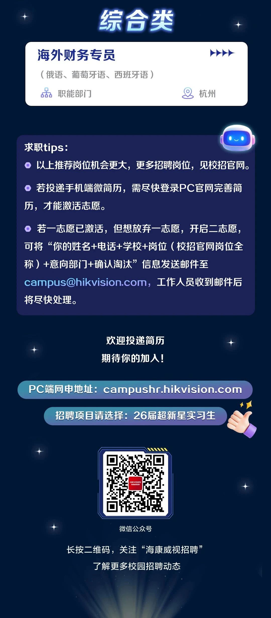 <p>综合类</p> <p>海外财务专员</p> <p>(俄语、葡萄牙语、西班牙语)<br/>55<br/>职能部门</p> <p>杭州</p> <p>求职tips</p> <p>。以上推荐岗位机会更大，更多招聘岗位，见校招官网。</p> <p>。若投递手机端微简历，需尽快登录PC官网完善简<br/>历，才能激活志愿。</p> <p>。若一志愿已激活，但想放弃一志愿，开启二志愿，<br/>可将“你的姓名+电话+学校+岗位(校招官网岗位全<br/>称)+意向部门+确认淘汰”信息发送邮件至</p> <p>campus@hikvision.com，工作人员收到邮件后<br/>将尽快处理。</p> <p>欢迎投递简历<br/>期待你的加入!</p> <p>PC端网申地址:campushr.hikvision.com<br/>招聘项目请选择:26届超新星实习生</p> <p>HIKMSIO</p> <p>微信公众号</p> <p>长按二维码，关注“海康威视招聘</p> <p>了解更多校园招聘动态</p>