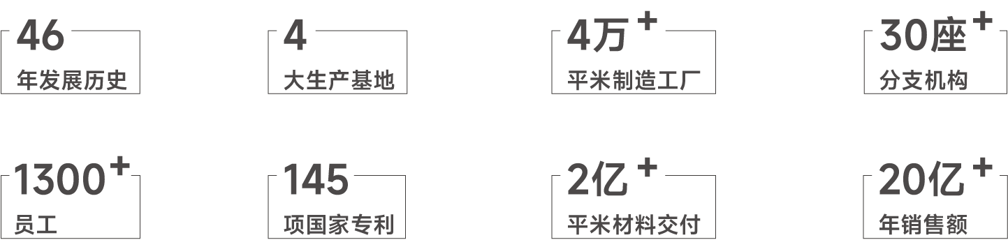 <p>-46-「4-4万+.30座十_</p> <p>年发展历史大生产基地平米制造工厂分支机构</p> <p>1300+_145 -2亿十_20亿+_</p> <p>员工项国家专利平米材料交付年销售额</p>