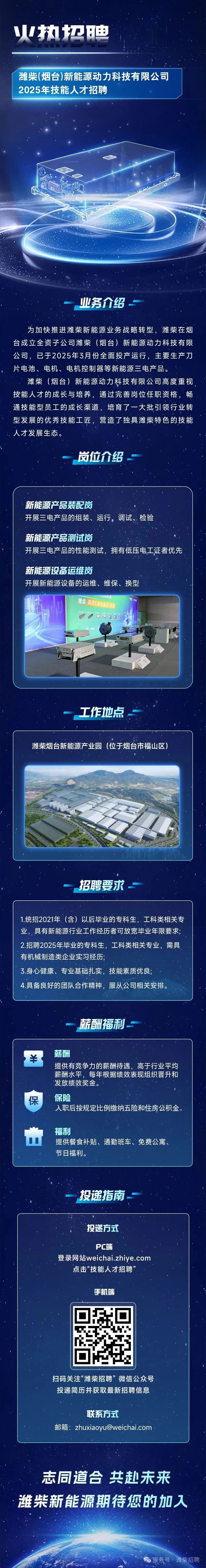 <p>执垃聘</p> <p>潍柴(烟台)新能源动力科技有限公司</p> <p>2025年技能人才招聘</p> <p>业务介绍</p> <p>为加快推进潍柴新能源业务战略转型,潍柴在烟</p> <p>台成立全资子公司潍柴(烟台)新能源动力科技有限</p> <p>公司,已于2025年3月份全面投产运行,主要生产刀</p> <p>片电池、电机、电机控制器等新能源三电产品。</p> <p>潍柴(烟台)新能源动力科技有限公司高度重视</p> <p>技能人才的成长与培养,通过完善岗位任职资格,畅</p> <p>通技能型员工的成长渠道,培育了一大批引领行业转</p> <p>型发展的优秀技能工匠,营造了独具潍柴特色的技能</p> <p>.人才发展生态。</p> <p>。岗位介绍一</p> <p>新能源产品装配岗</p> <p>开展三电产品的组装、运行、调试、检验</p> <p>新能源产品测试岗</p> <p>开展三电产品的性能测试,拥有低压电工证者优先</p> <p>新能源设备运维岗</p> <p>开展新能源设备的运维、维保、换型</p> <p>消装商用车新有的</p> <p>V01</p> <p>一工作地点</p> <p>潍柴烟台新能源产业园(位于烟台市福山区)</p> <p>招聘要求 </p> <p>1.统招2021年,(含)以后毕业的专科生,工科类相关专</p> <p>业,具有新能源行业工作经历者可放宽毕业年限要求;</p> <p>2.招聘2025年毕业的专科生,工科类相关专业,需具</p> <p>有机械制造类企业实习经历;</p> <p>3.身心健康、专业基础扎实,技能素质优良;</p> <p>4.具备良好的团队合作精神,服从公司相关安排。</p> <p>薪酬福利</p> <p>薪酬</p> <p>¥</p> <p>提供有竞争力的薪酬待遇,高于行业平均</p> <p>薪酬水平,每年根据绩效表现组织晋升和</p> <p>发放绩效奖金。</p> <p>保保险</p> <p>入职后按规定比例缴纳五险和住房公积金。</p> <p>山福利</p> <p>提供餐食补贴、通勤班车、免费公寓、</p> <p>节日福利。</p> <p>;投递指南-</p> <p>投递方式</p> <p>PC端</p> <p>登录网站weichai.zhiye.com</p> <p>点击“技能人才招聘”</p> <p>手机端</p> <p>扫码关注“潍柴招聘”微信公众号</p> <p>投递简历并获取最新招聘信息</p> <p>邮箱: zhuxiaoyu@weichai.com,</p> <p>志同道合共赴未来</p> <p>:潍柴新能源期待您的加入</p> <p>服务号潍柴招聘</p>